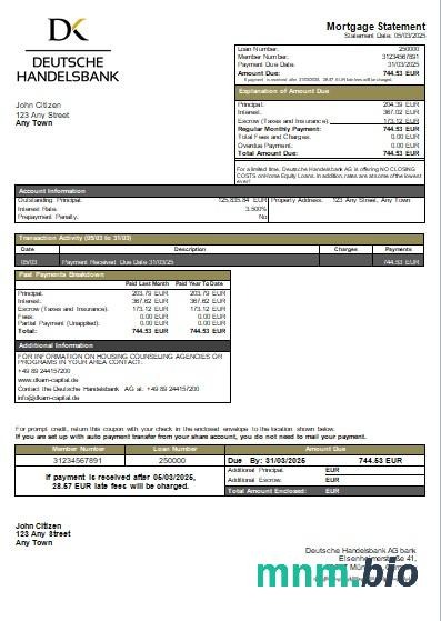 Niemcy Deutsche Handelsbank AG wyciąg z kredytu hipotecznego szablon Word i PDF